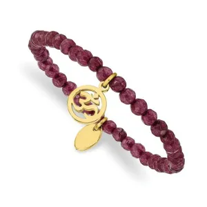 Stainless Steel Polished Gold Plated OM Purple Jade Stretch Bracelet