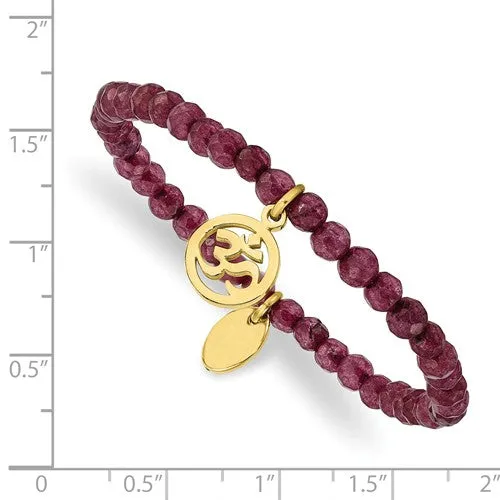 Stainless Steel Polished Gold Plated OM Purple Jade Stretch Bracelet