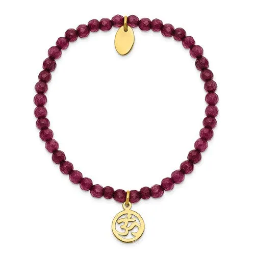 Stainless Steel Polished Gold Plated OM Purple Jade Stretch Bracelet