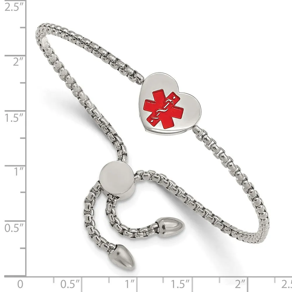 Stainless Steel Polished Red Enamel Heart Medical ID Adjustable Bracelet