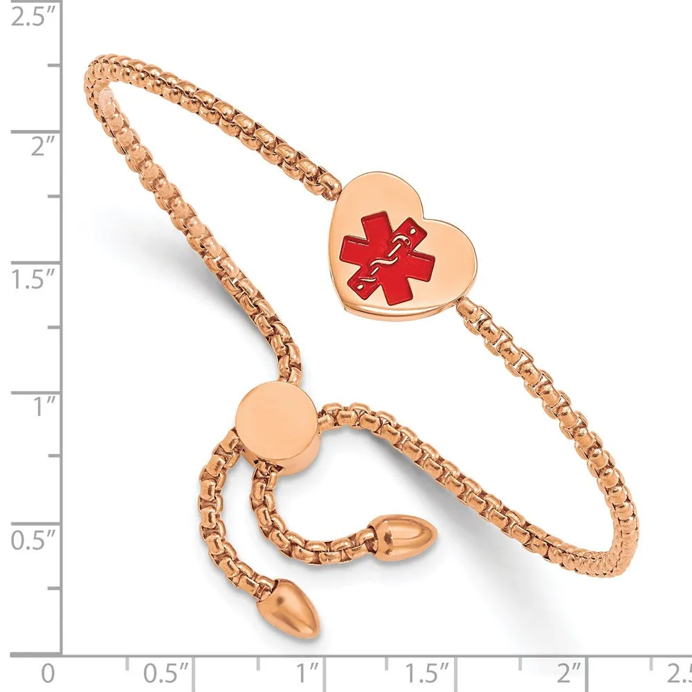 Stainless Steel Polished Rose IP/Red Enamel Heart Medical ID Adj. Bracelet