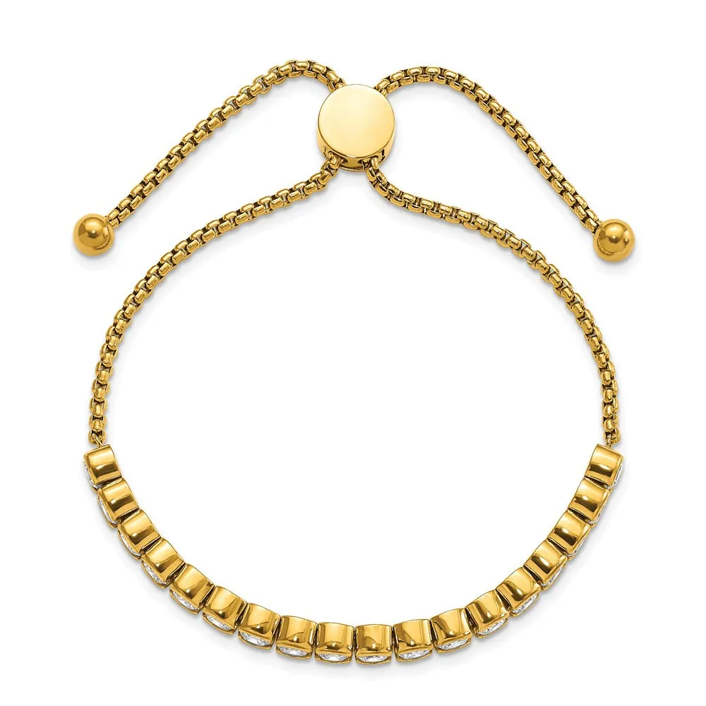 Stainless Steel Polished Yellow IP-plated CZ Adjustable Bracelet
