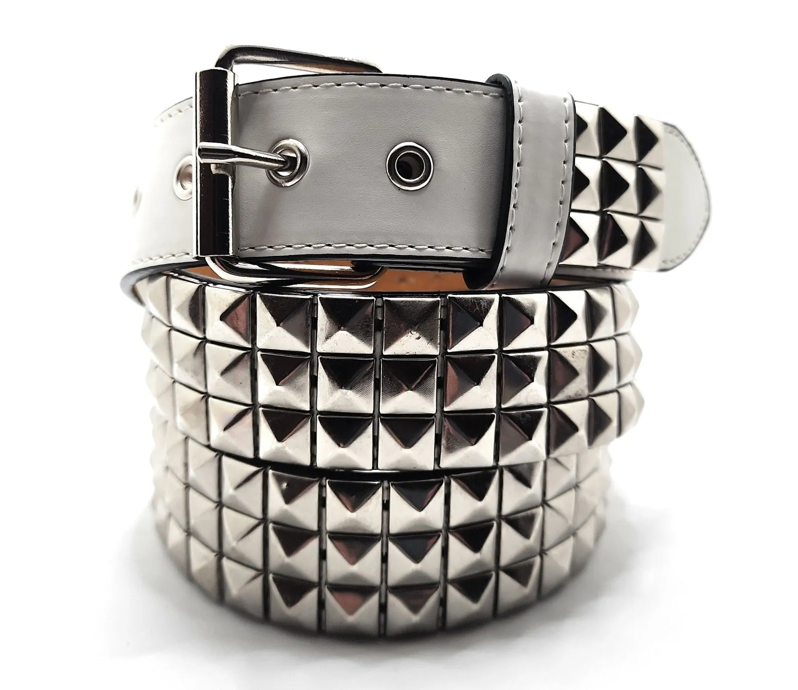Stitched White Leather Belt with Silver Studs Punk
