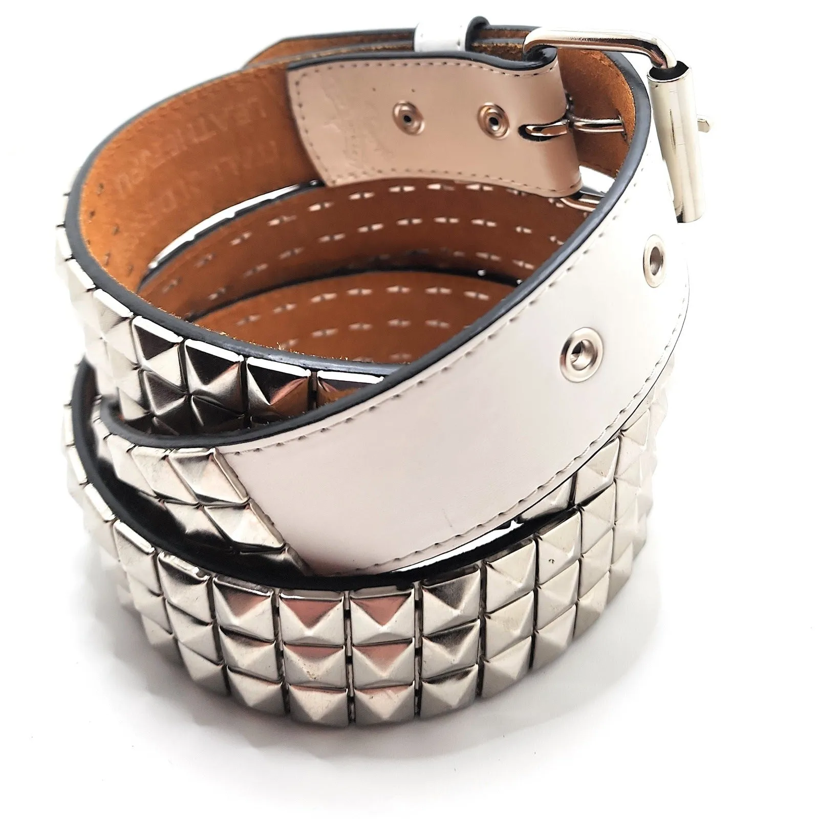 Stitched White Leather Belt with Silver Studs Punk