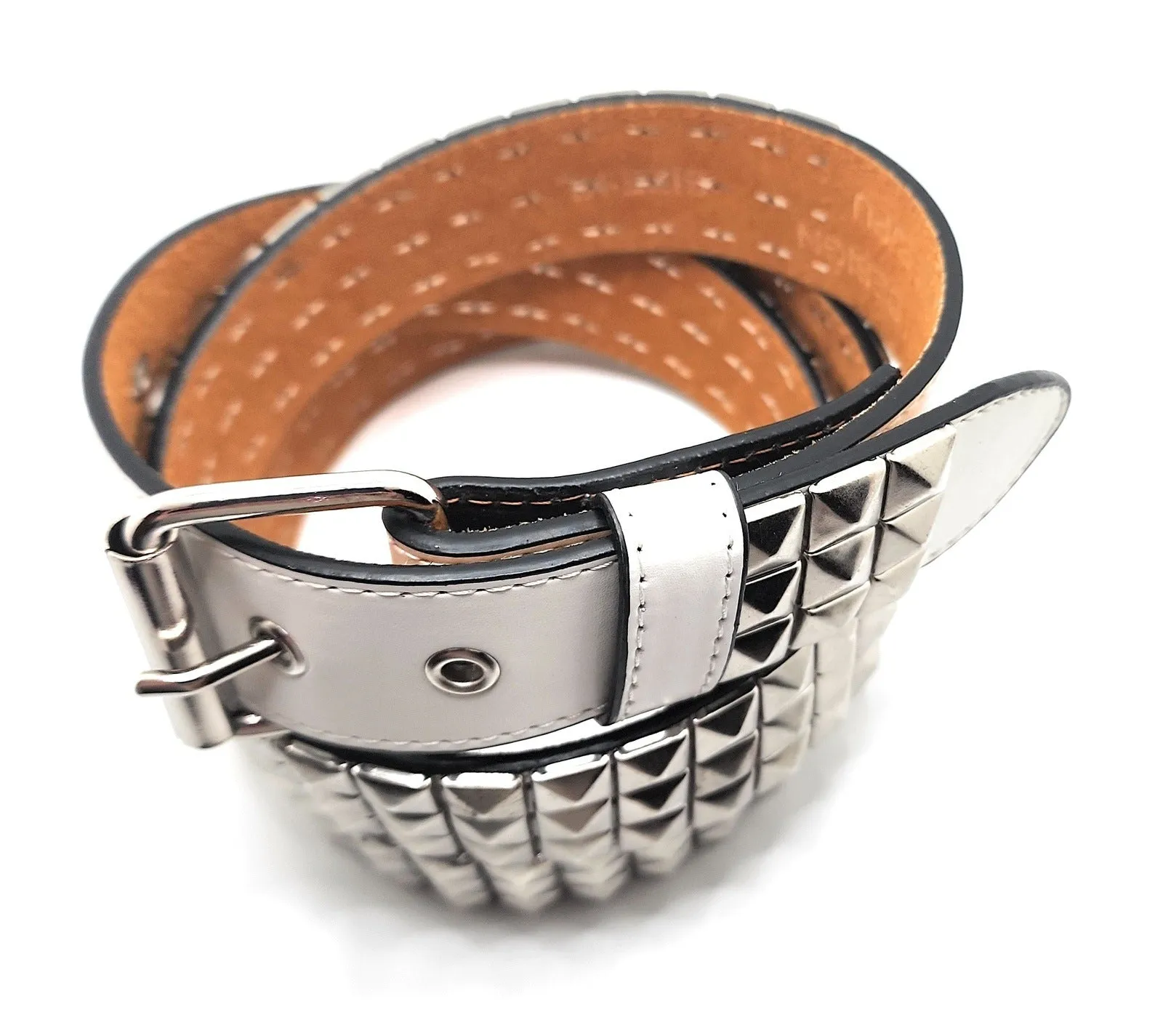 Stitched White Leather Belt with Silver Studs Punk