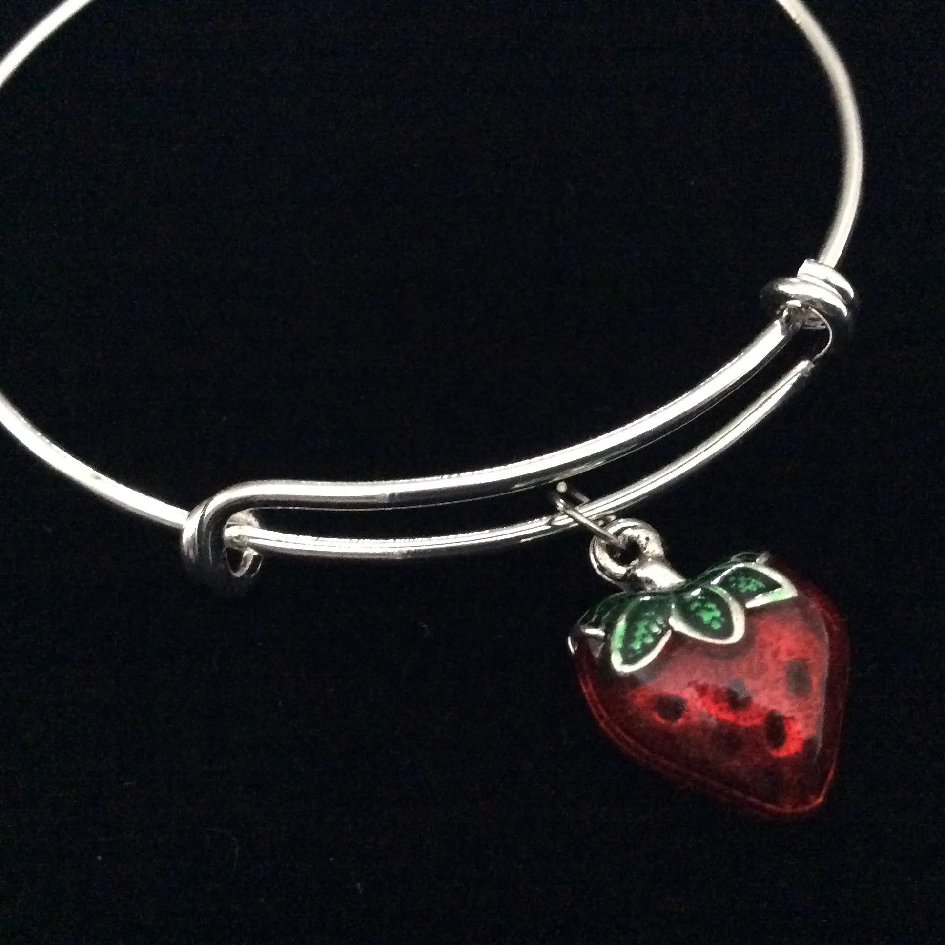 Strawberry 3D Handpainted Silver Expandable Charm Bracelet Trendy Adjustable Collectable Stacking Bangle