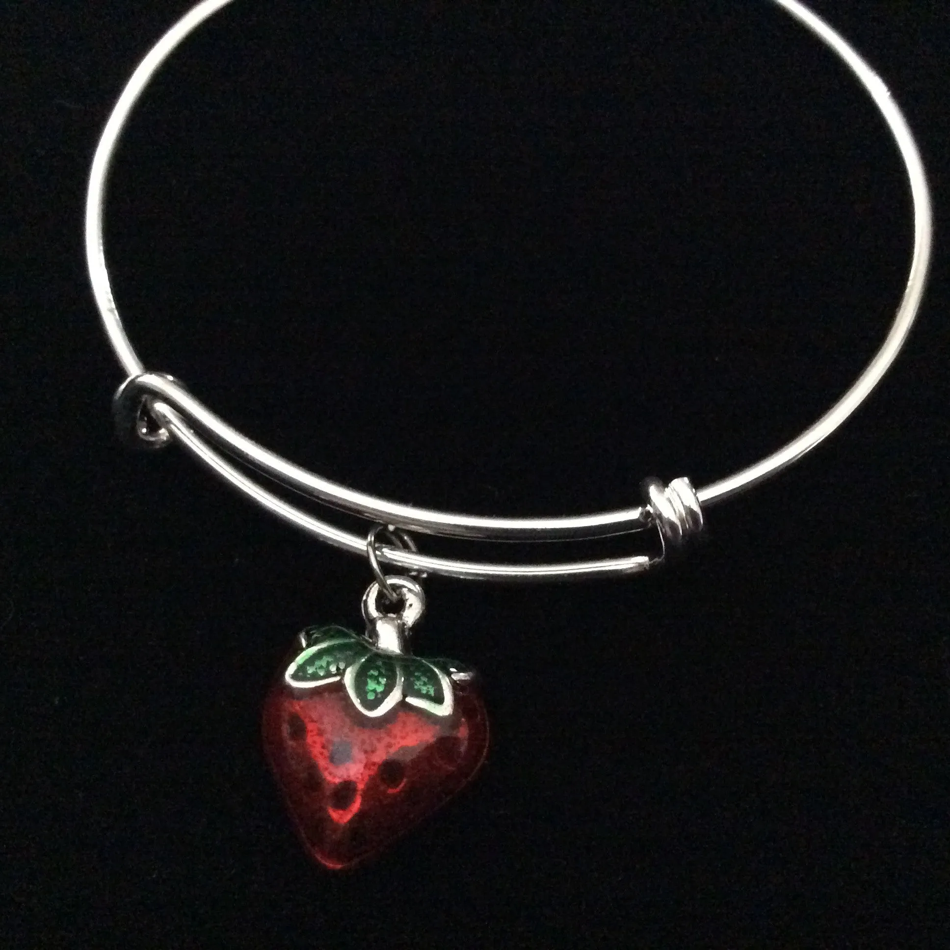 Strawberry 3D Handpainted Silver Expandable Charm Bracelet Trendy Adjustable Collectable Stacking Bangle