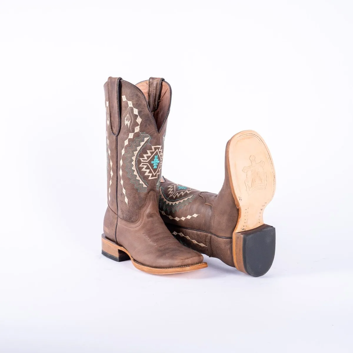 TANNER MARK WOMEN’S Albuquerque Crackle Brown Cowgirl Boots With Aztec Embroidery Top