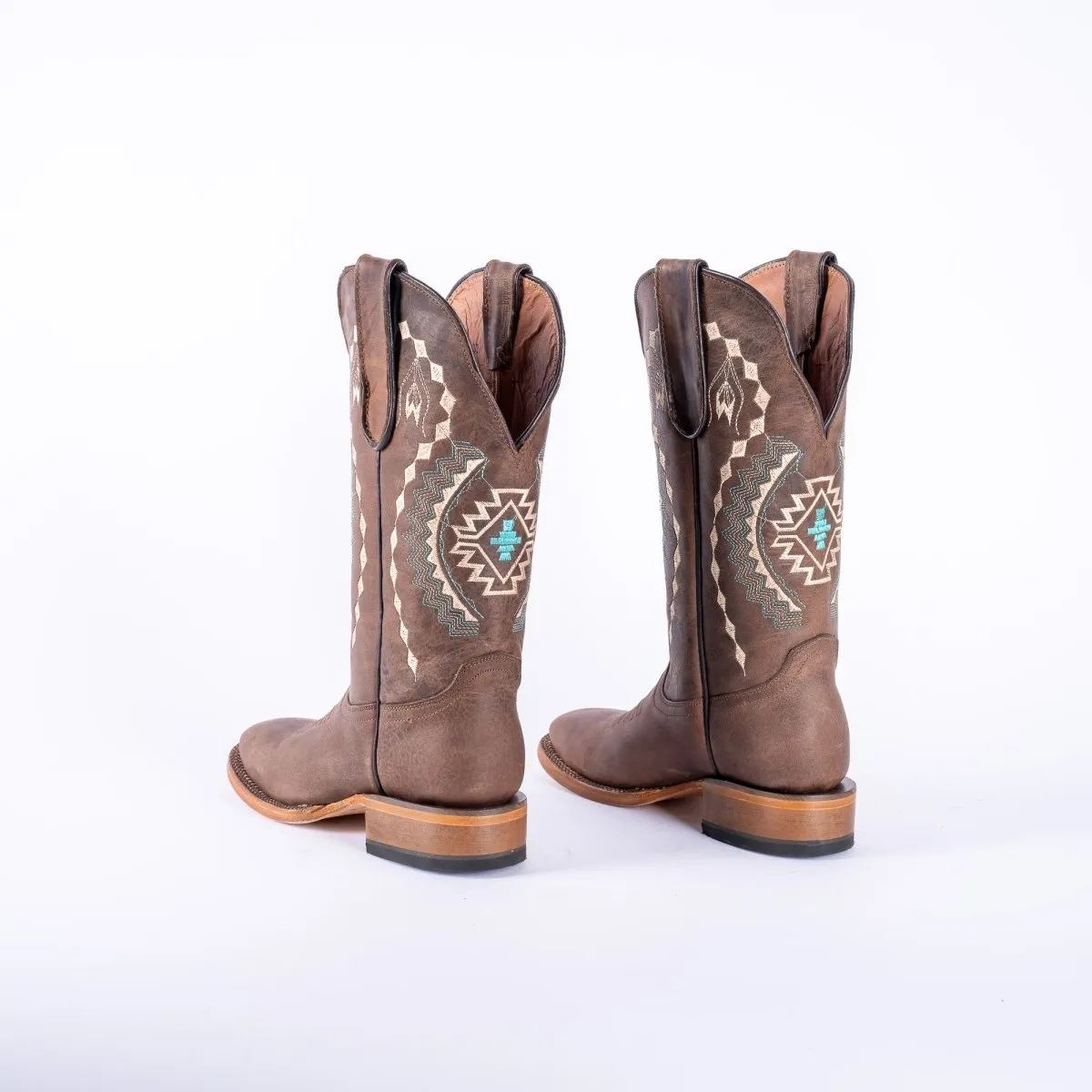 TANNER MARK WOMEN’S Albuquerque Crackle Brown Cowgirl Boots With Aztec Embroidery Top