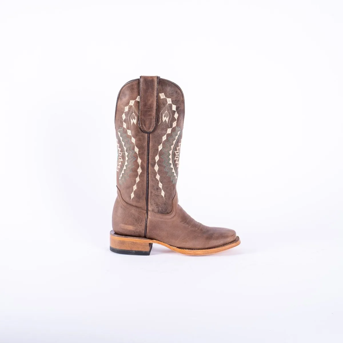 TANNER MARK WOMEN’S Albuquerque Crackle Brown Cowgirl Boots With Aztec Embroidery Top