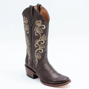 TANNER MARK WOMEN’S San Angelo Triad Chocolate Cowgirl Boots Whit Cactus Flower Embroidery Top