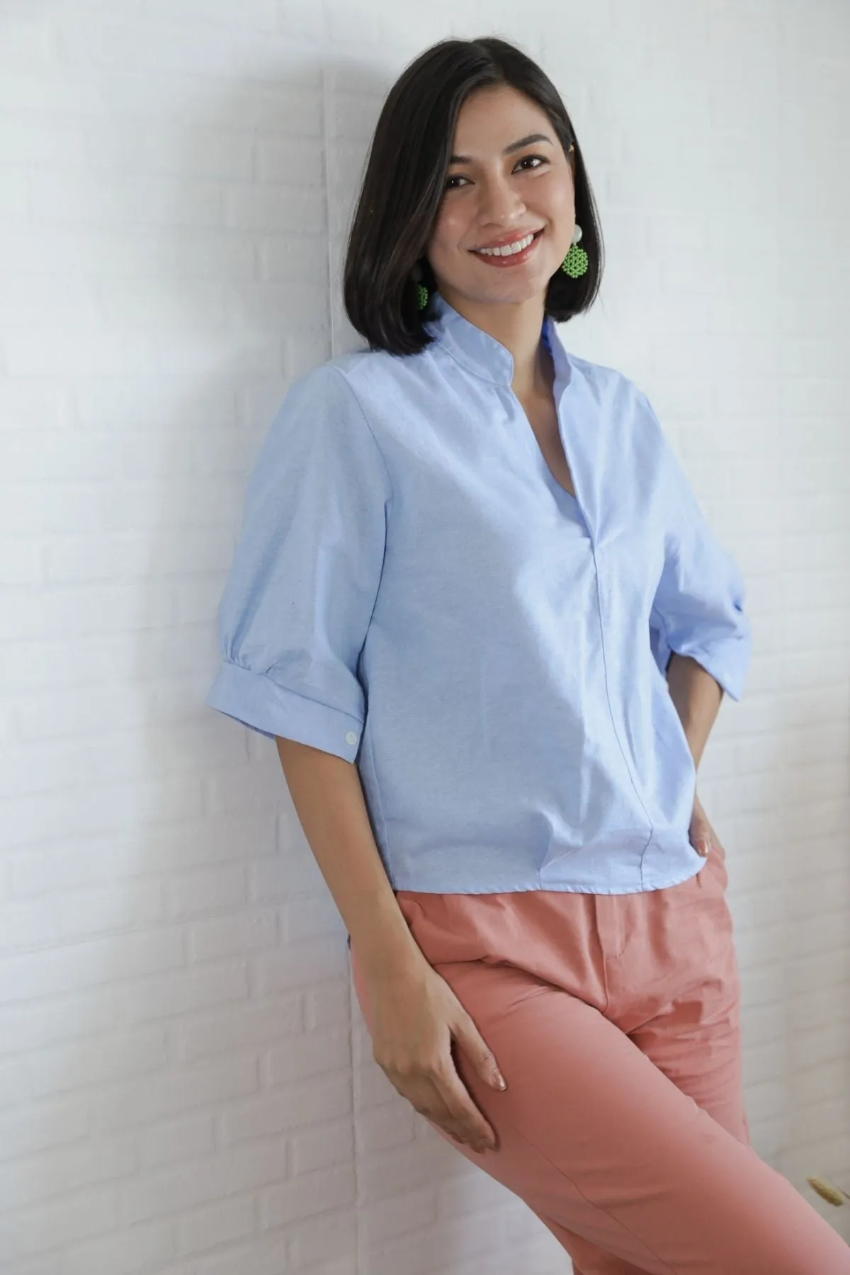 TAYLOR Relaxed Mandarin Collar Top (Sky Blue)