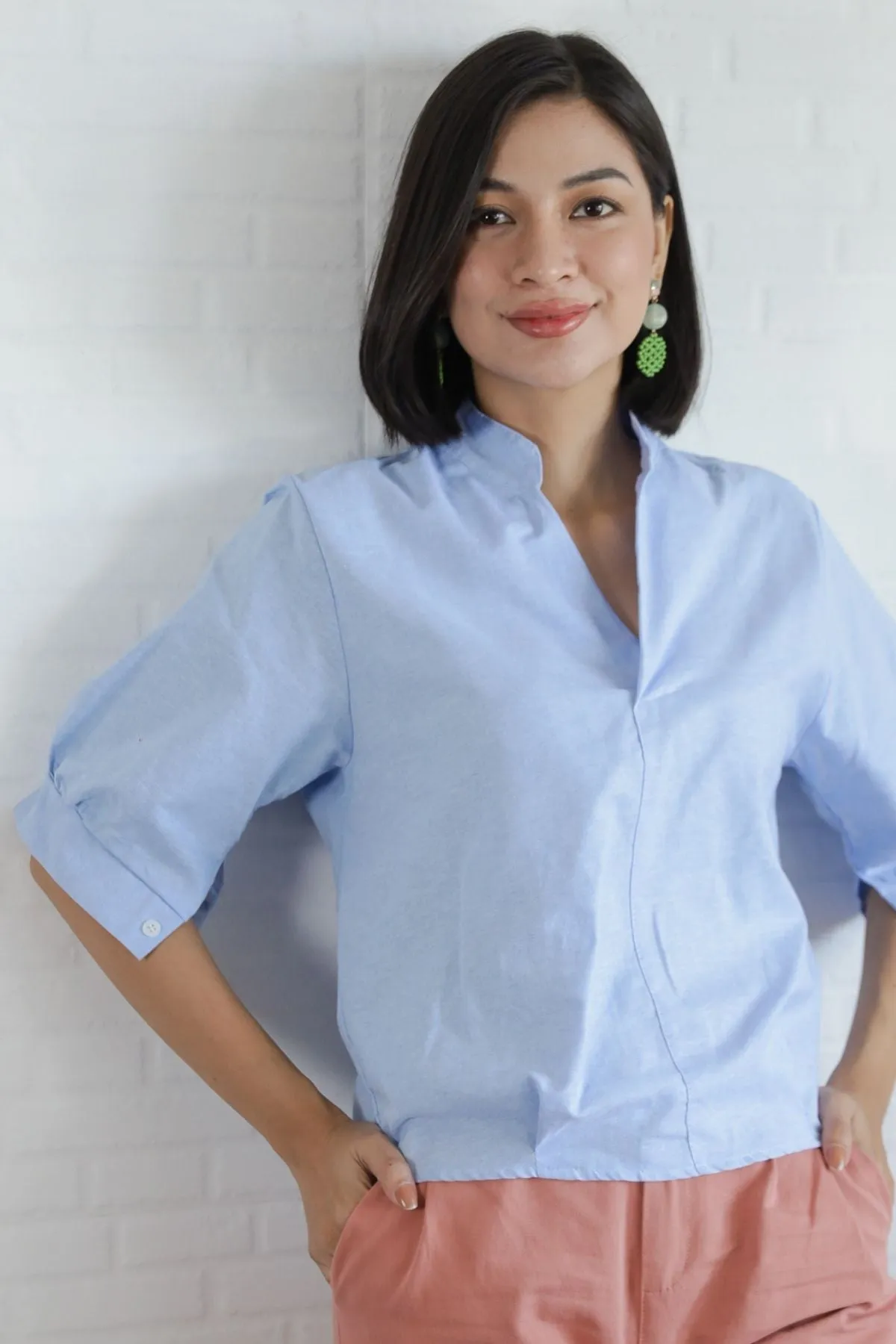 TAYLOR Relaxed Mandarin Collar Top (Sky Blue)