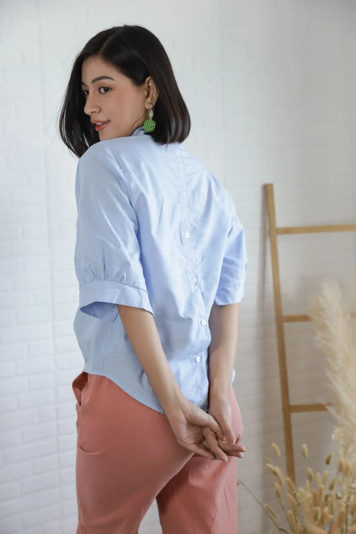 TAYLOR Relaxed Mandarin Collar Top (Sky Blue)