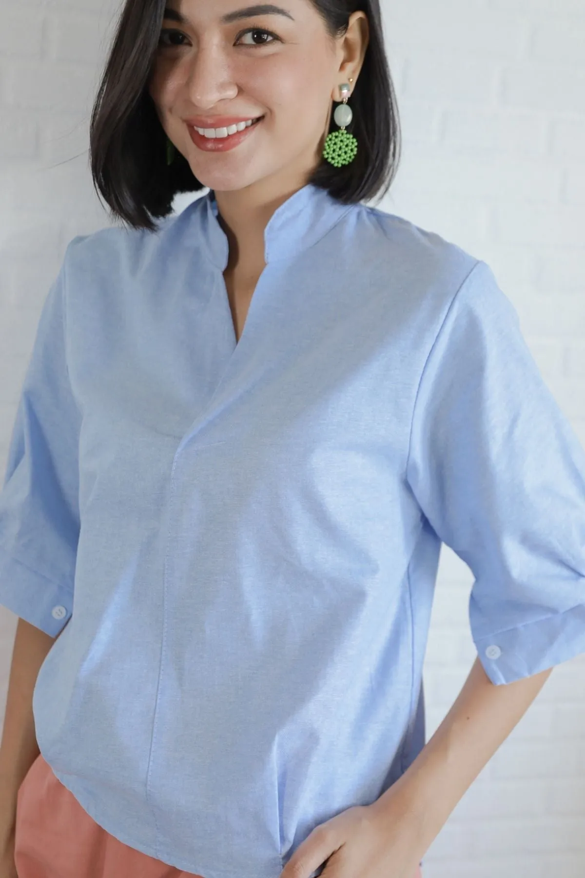 TAYLOR Relaxed Mandarin Collar Top (Sky Blue)