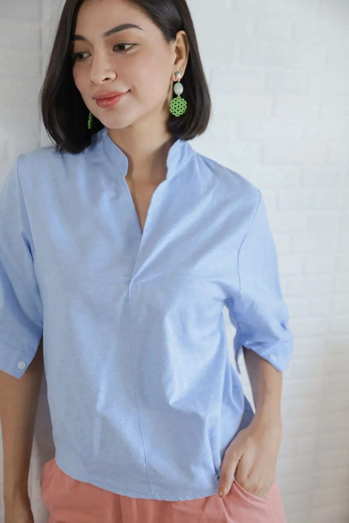 TAYLOR Relaxed Mandarin Collar Top (Sky Blue)