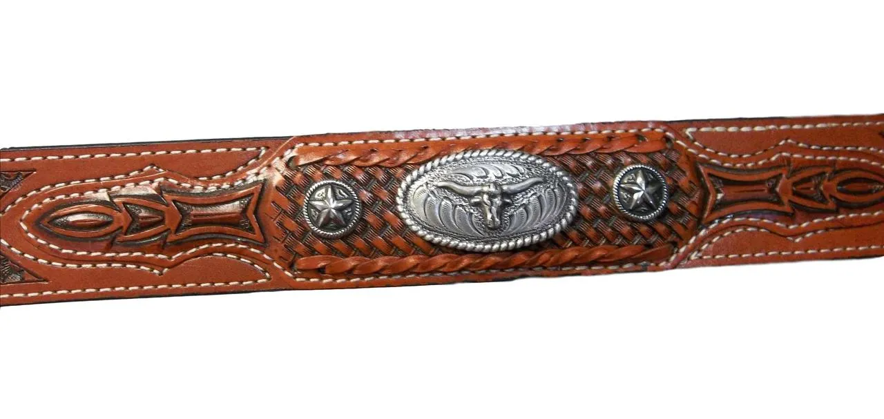 Tooled Belt With Longhorns & Stars