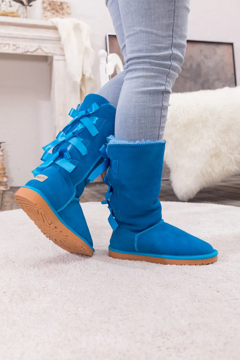 Tri Ribbon Bow Suede Boots - Blue