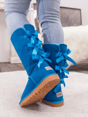 Tri Ribbon Bow Suede Boots - Blue