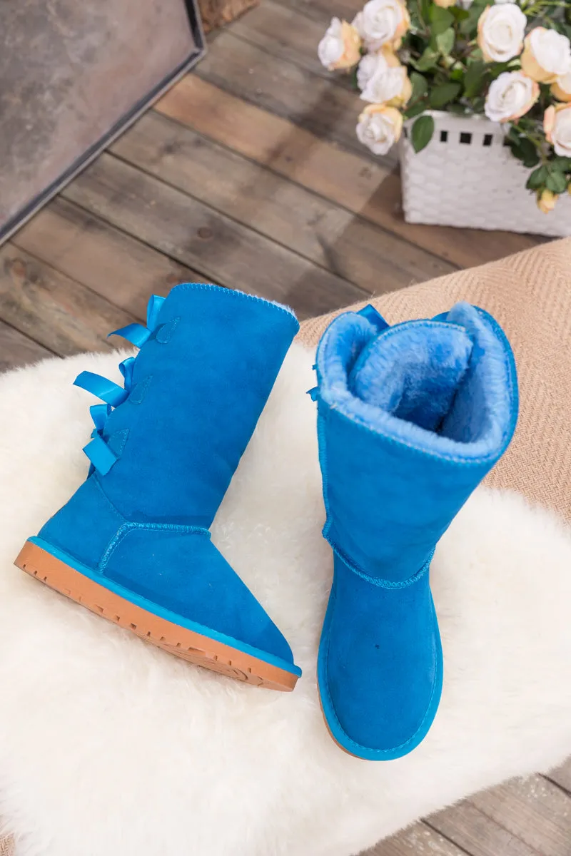 Tri Ribbon Bow Suede Boots - Blue