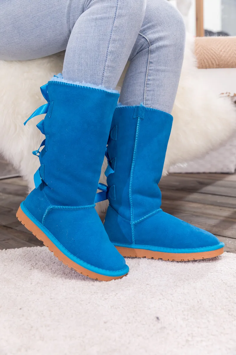 Tri Ribbon Bow Suede Boots - Blue