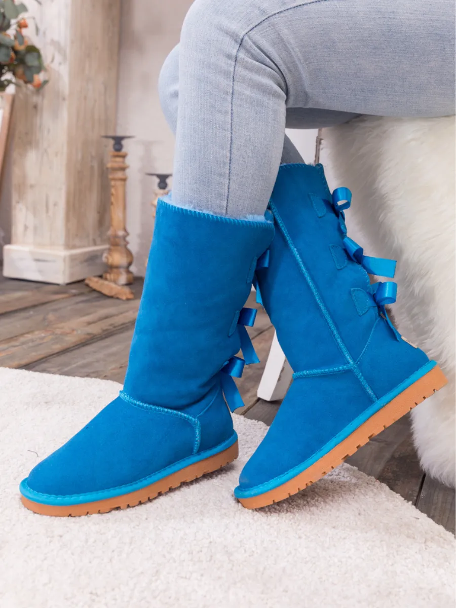 Tri Ribbon Bow Suede Boots - Blue