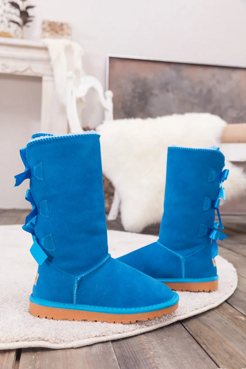 Tri Ribbon Bow Suede Boots - Blue