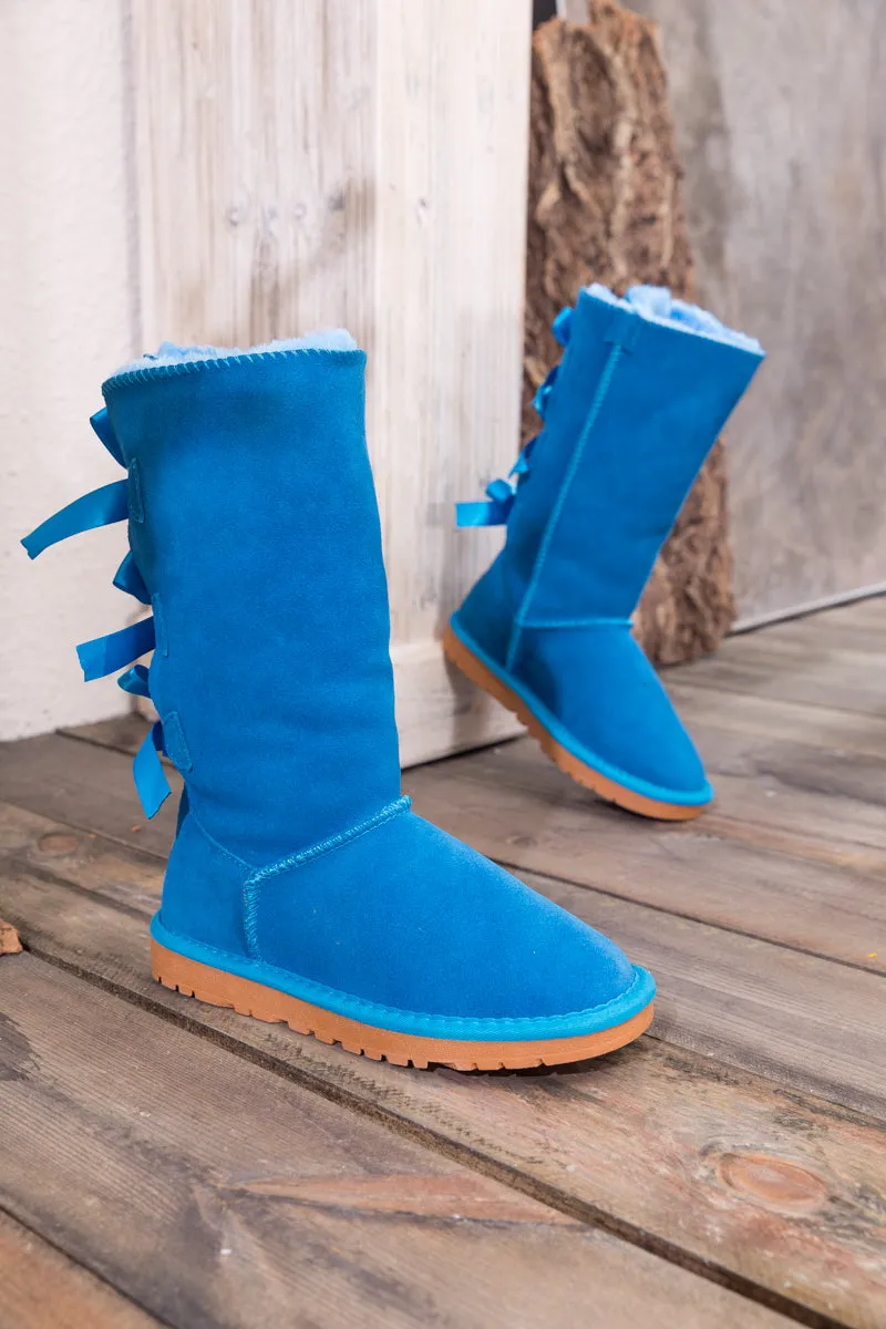 Tri Ribbon Bow Suede Boots - Blue