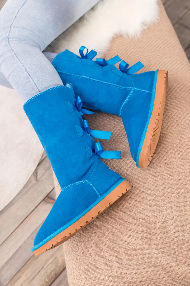 Tri Ribbon Bow Suede Boots - Blue