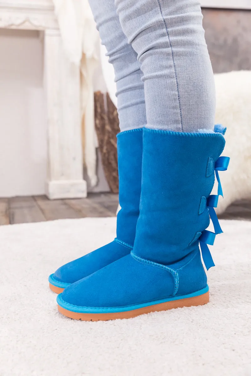 Tri Ribbon Bow Suede Boots - Blue
