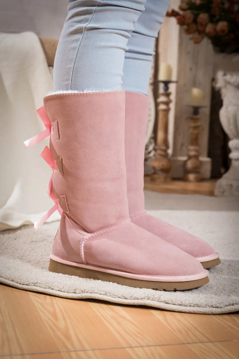 Tri Ribbon Bow Suede Boots - Pink