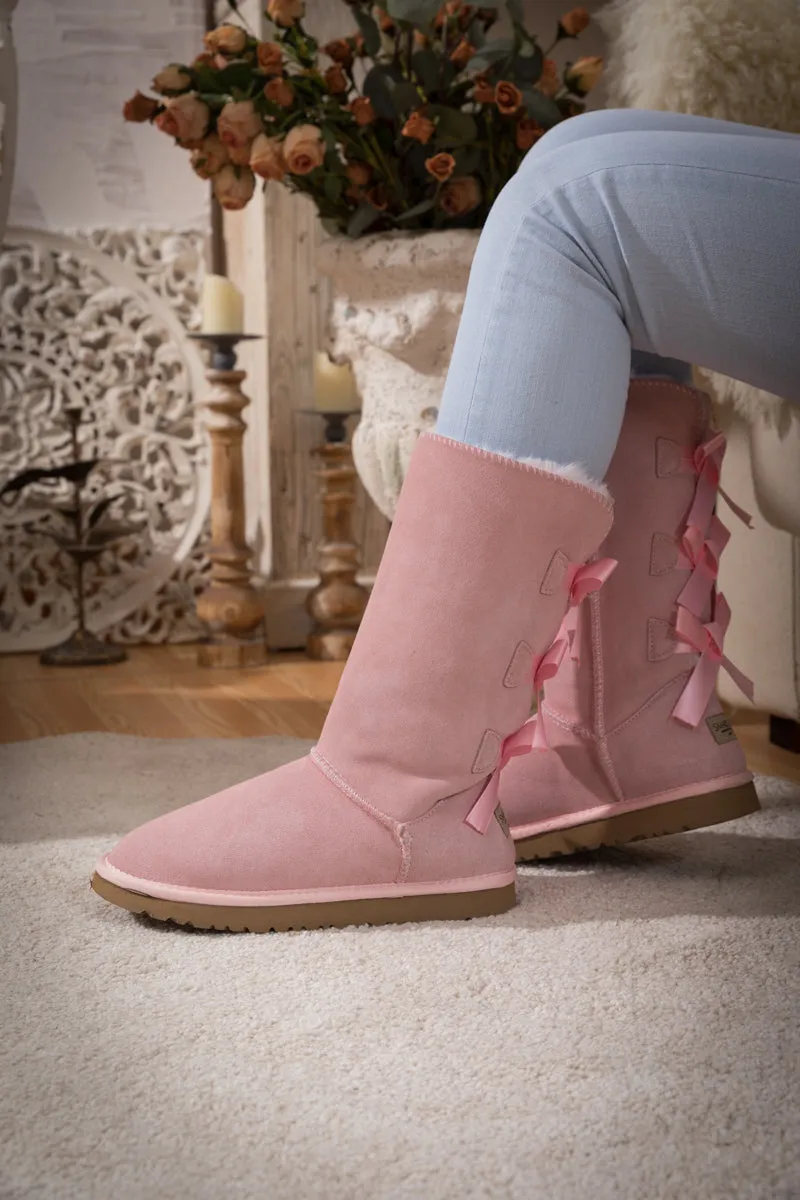 Tri Ribbon Bow Suede Boots - Pink