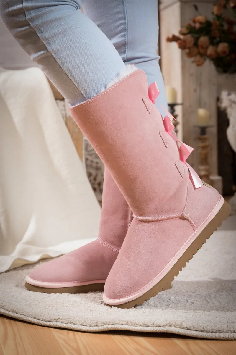 Tri Ribbon Bow Suede Boots - Pink