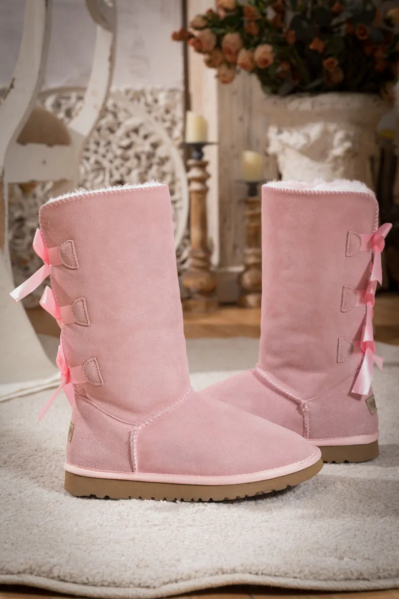Tri Ribbon Bow Suede Boots - Pink