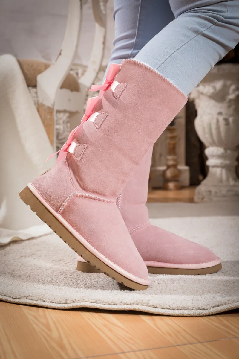 Tri Ribbon Bow Suede Boots - Pink