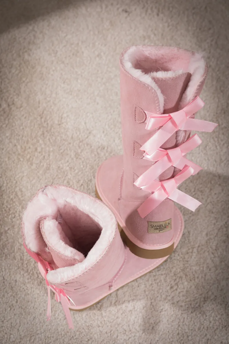 Tri Ribbon Bow Suede Boots - Pink