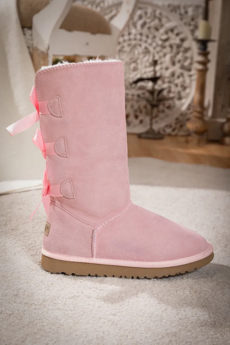 Tri Ribbon Bow Suede Boots - Pink