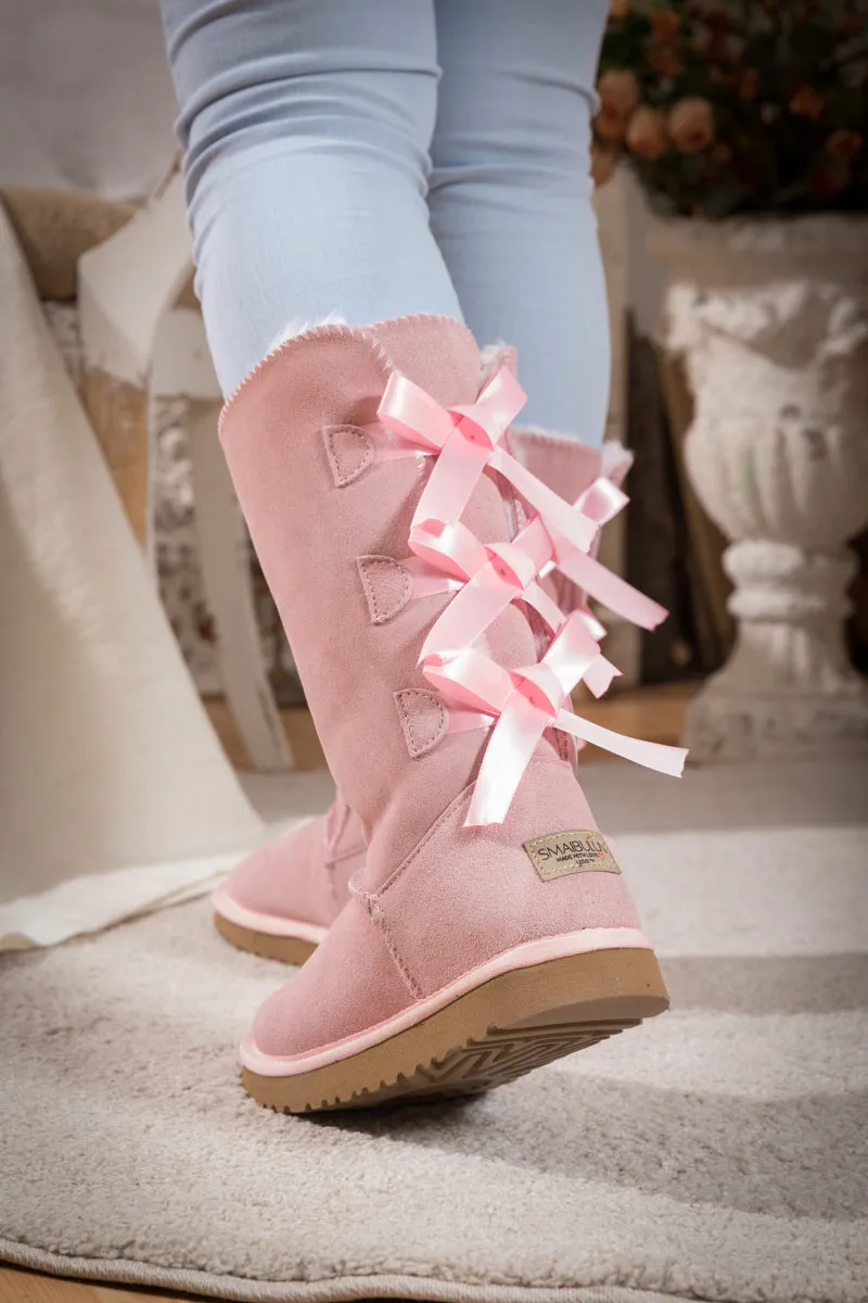 Tri Ribbon Bow Suede Boots - Pink