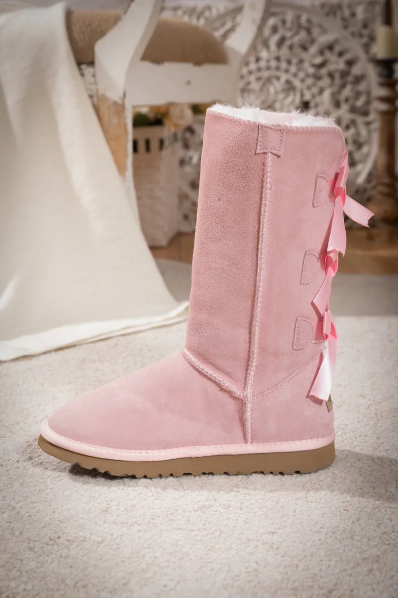 Tri Ribbon Bow Suede Boots - Pink