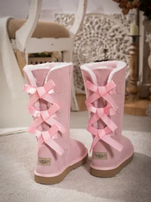 Tri Ribbon Bow Suede Boots - Pink