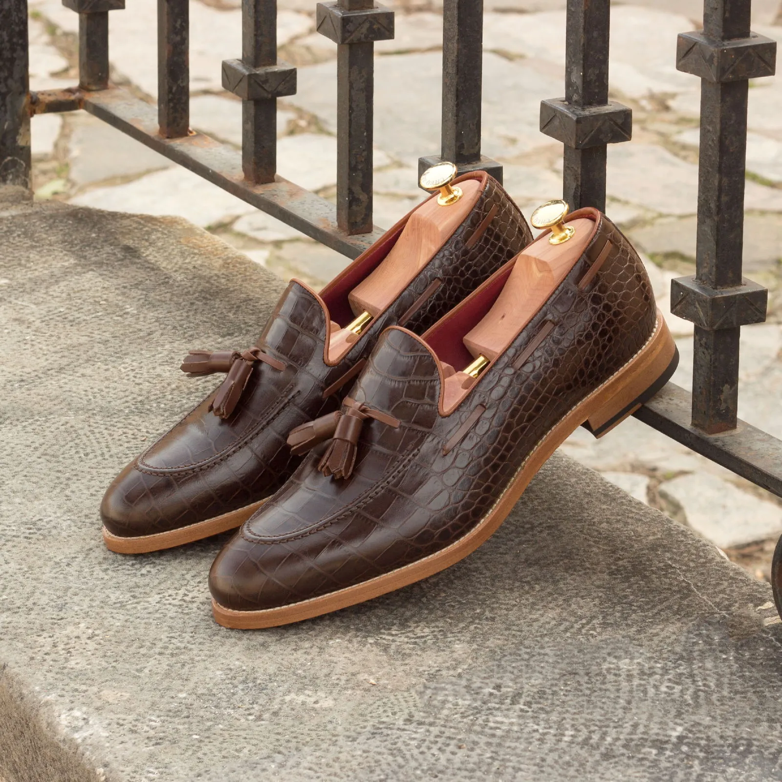Unique Handcrafted Croco Brown Slip on Loafer w/ Tassles