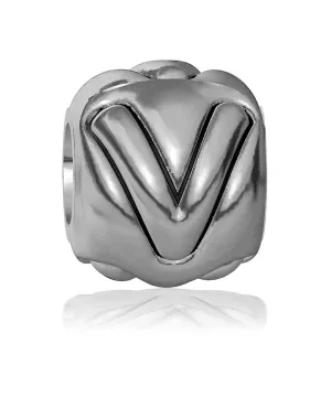 V - Bead, Single Alphabet Initial Letter for Name Bracelet, Capital, Uppercase V Charm Bracelet Bead, Embossed, Complete Alphabet and Numbers Available, Solid Sterling Silver