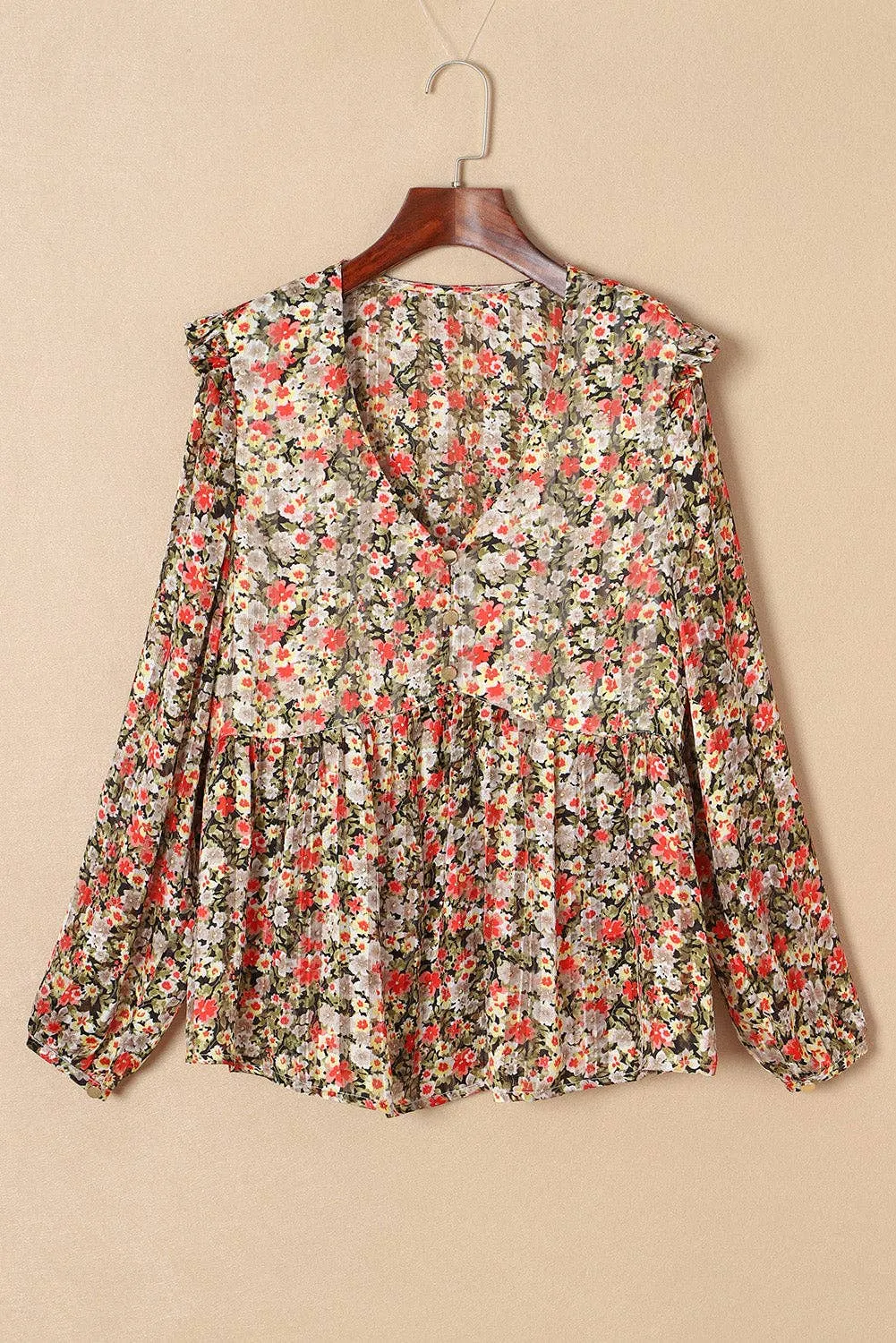 V Neck Ruffled Babydoll Floral Blouse: Khaki / S-XL Full Time Purchase