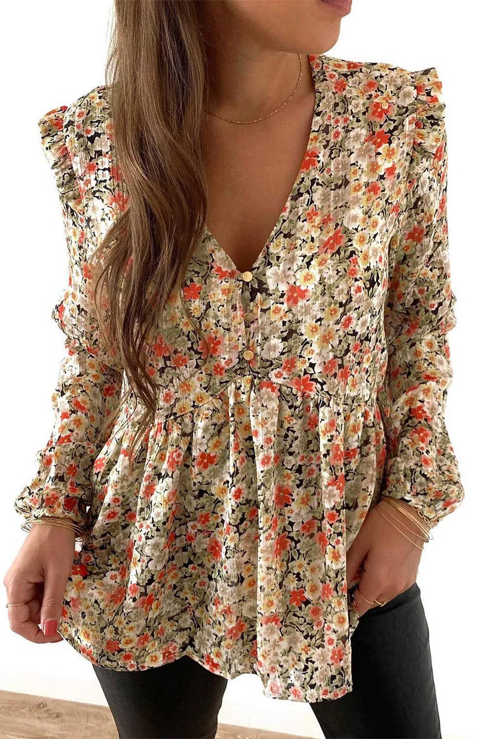 V Neck Ruffled Babydoll Floral Blouse: Khaki / S-XL Full Time Purchase