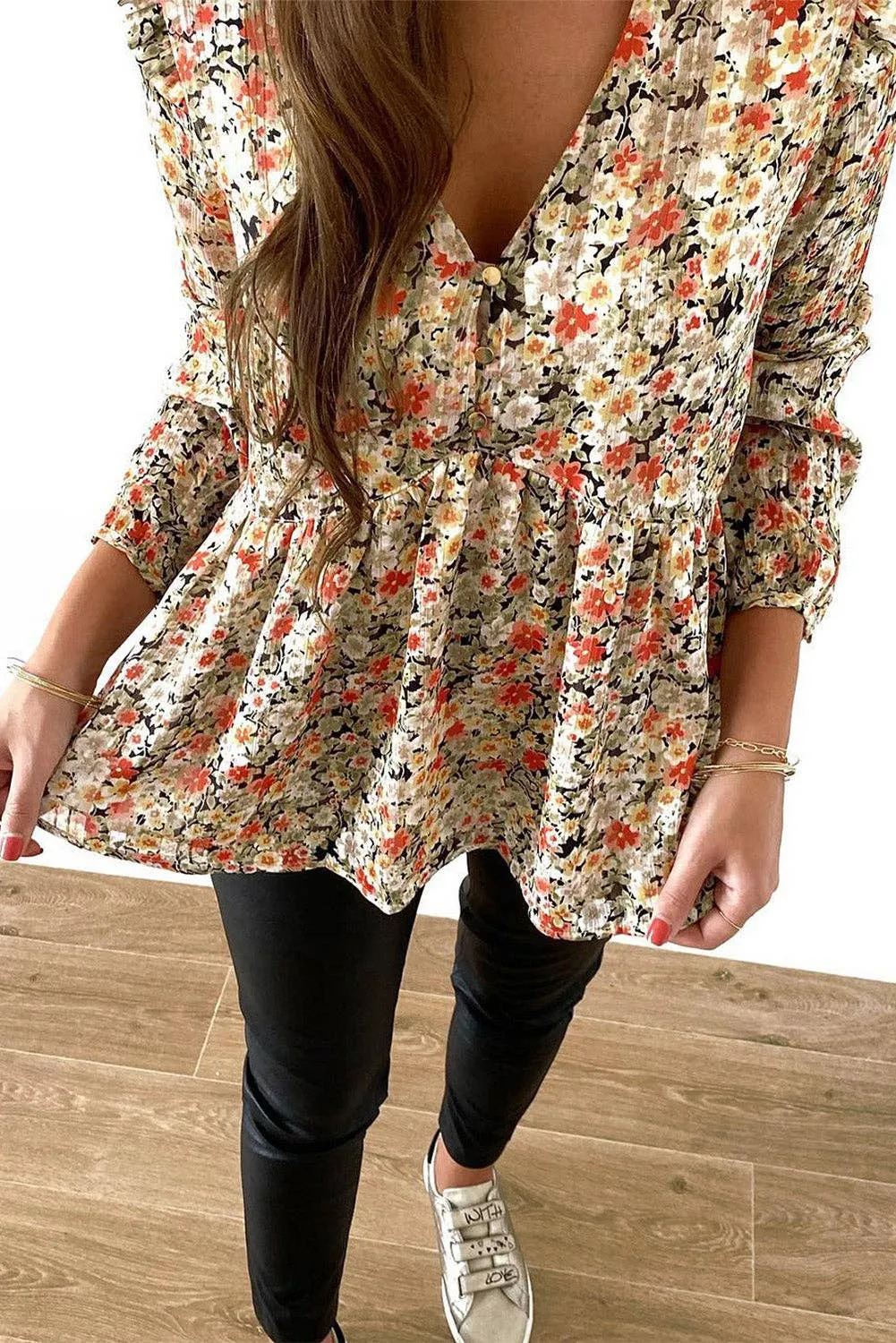 V Neck Ruffled Babydoll Floral Blouse: Khaki / S-XL Full Time Purchase