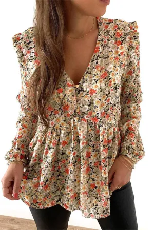 V Neck Ruffled Babydoll Floral Blouse: Khaki / S-XL Full Time Purchase
