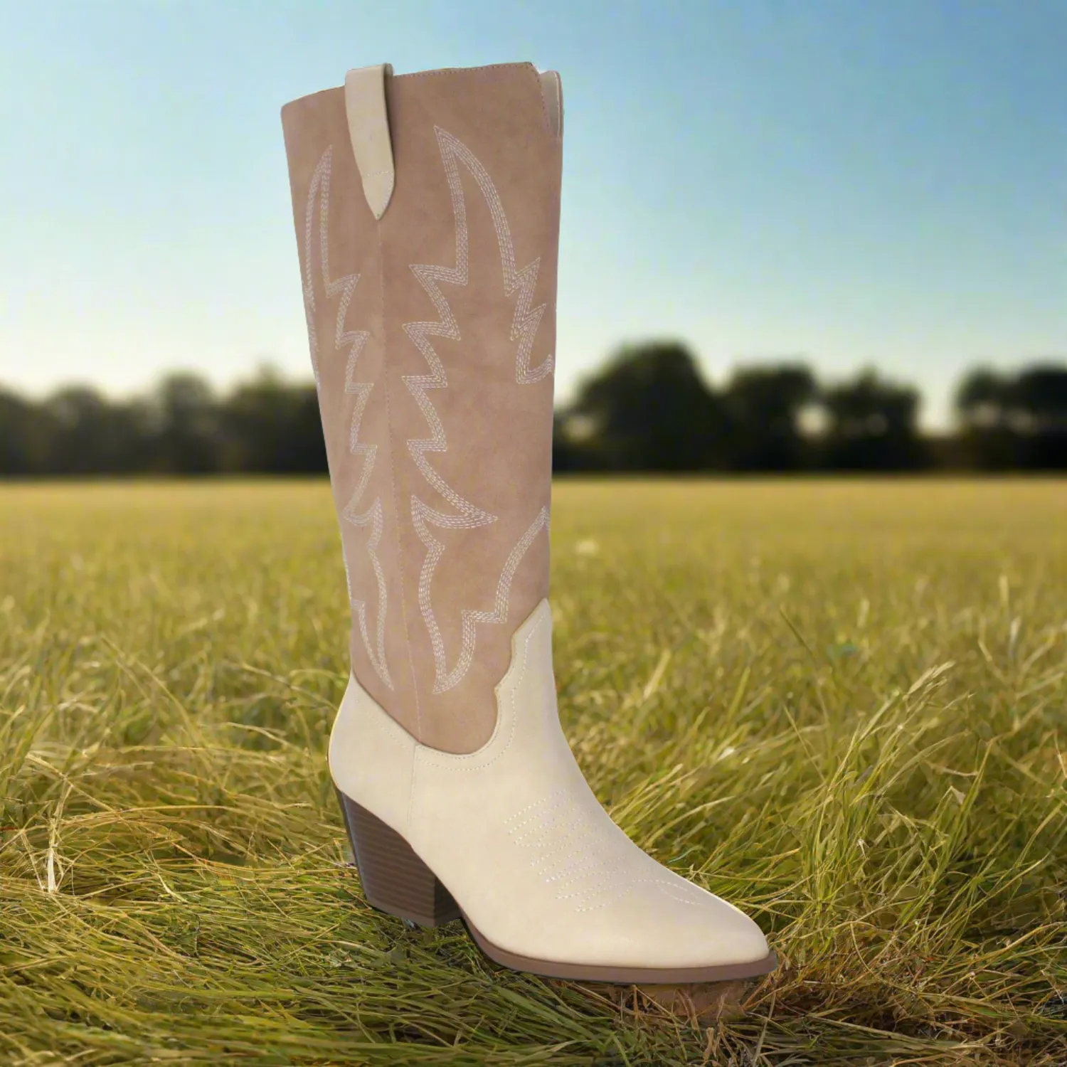 VACA-77X Beige Neutral Faux Leather Cowboy Boot