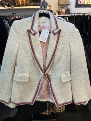 Veronica Beard Ivory Shiny Tweed Single Button Blazer with Coral Braided Trim Dickey Jacket