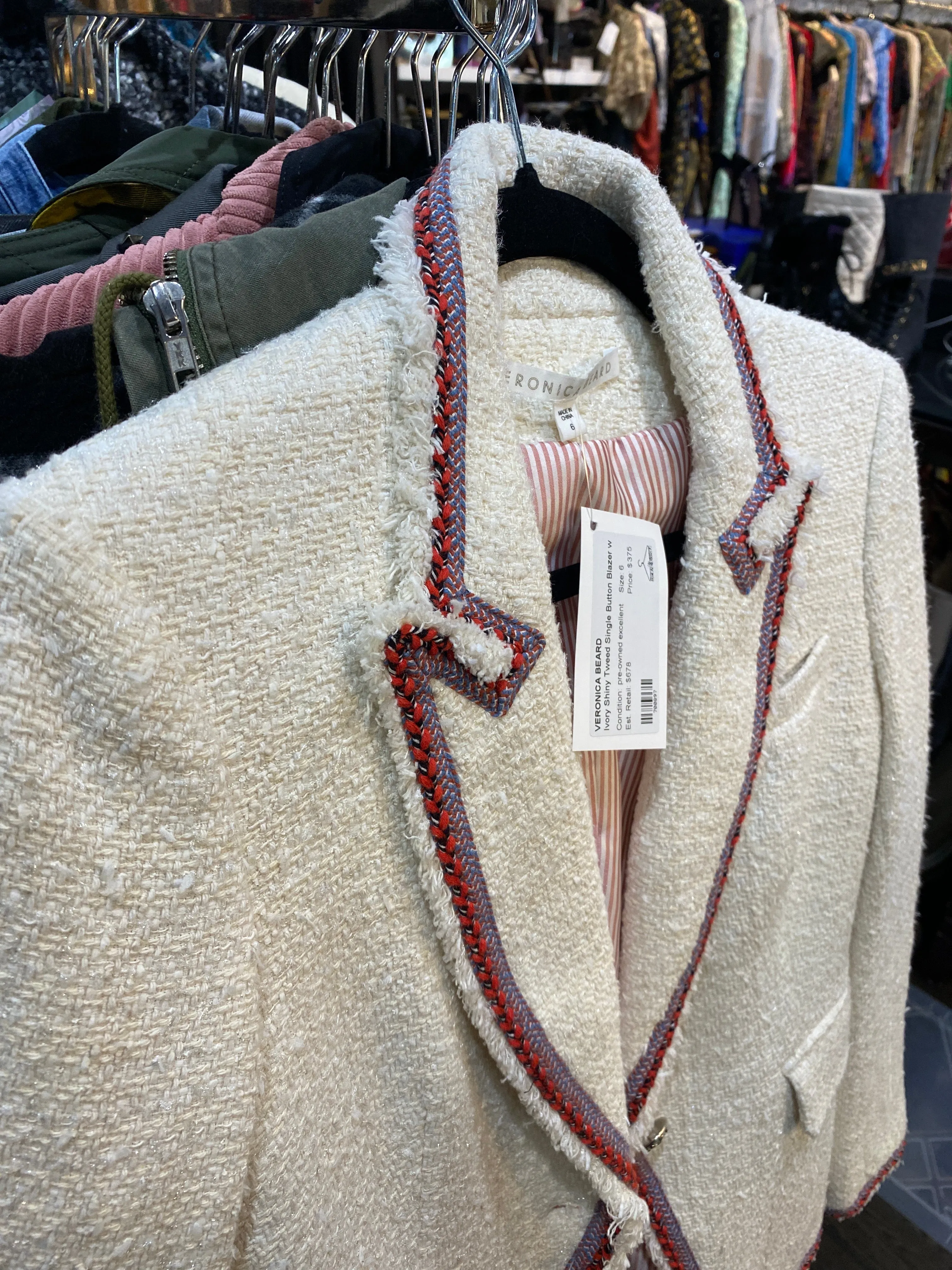 Veronica Beard Ivory Shiny Tweed Single Button Blazer with Coral Braided Trim Dickey Jacket