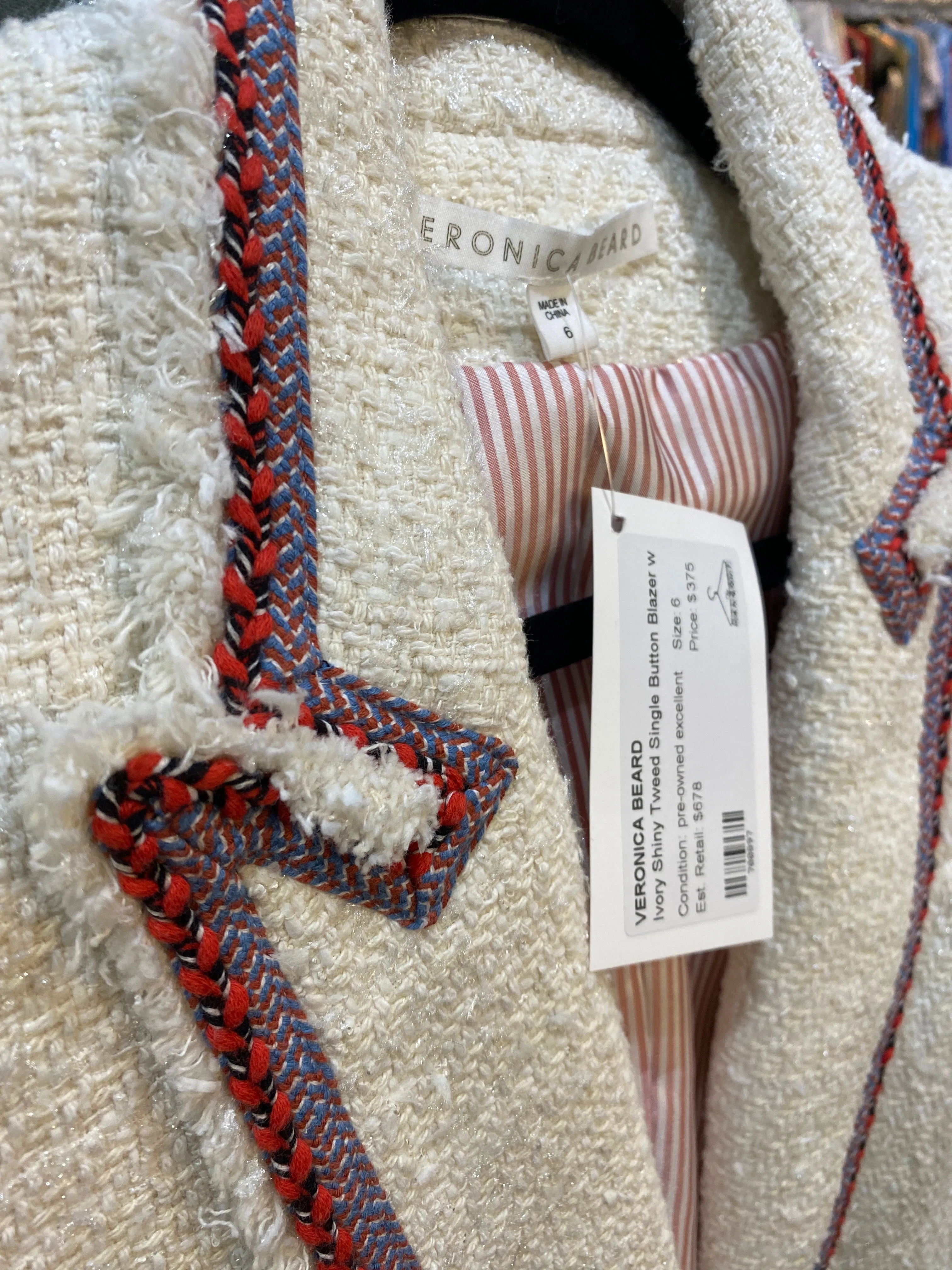 Veronica Beard Ivory Shiny Tweed Single Button Blazer with Coral Braided Trim Dickey Jacket